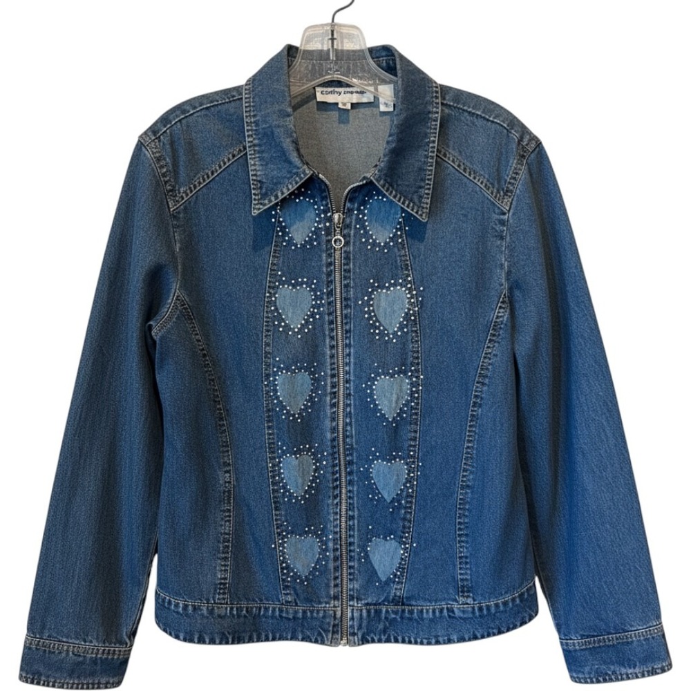 Cathy Daniels Womens Medium Wash Denim Heart Rhinestone Zip Up Jacket Size M